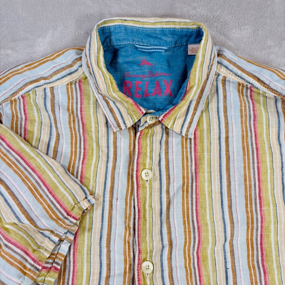 Tommy Bahama Relax Mens XL Striped Short Sleeve 100% Linen Button Down Shirt